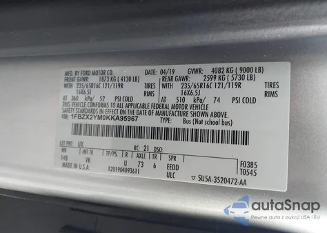 2019 Ford Transit-350 Xl z USA, uszkodzony, nr VIN 1FBZX2YM0KKA95967